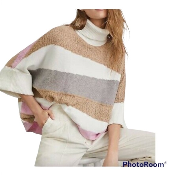 CALLAHAN KNIT Anthropologie Pastel Striped Turtleneck Poncho Sweater Small - Picture 2 of 11